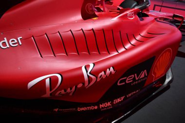 Scarperia, Mugello - 28 October 2023: Detail of Ferrari F1-75 of Charles Leclerc and Carlos Sainz on display during Ferrari World Finals 2023 at Mugello Circuit in Italy. clipart