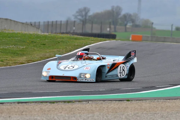 stock image Scarperia, 2 April 2023: Porsche 908-03 of year 1969 in action during Mugello Classic 2023 at Mugello Circuit in Italy.