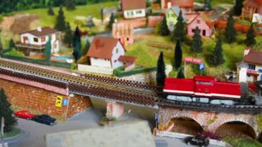Model yük treni bir dağ alp ortamı üzerinde hareket ediyor. Model demiryolu.