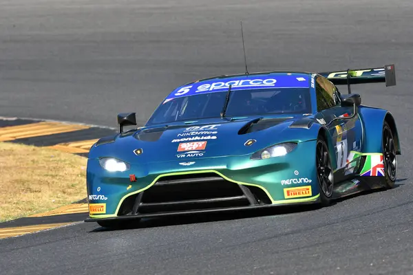 stock image Scarperia, Italy - August 23th 2024: Aston Martin Vantage AMR GT3 of team L&A INFINITY drive by Di Giusto-Alatalo in action during qualifyng session at Mugello Circuit.