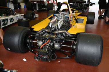Scarperia, İtalya - 12 Ekim 2024: 1979 yılının Merzario F1A3 'ün ayrıntıları Mugello Pisti' ndeki çalışma oturumunda kutuda.