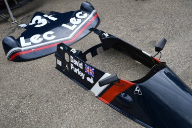 Scarperia, Italy - October 12th 2024: Detail of LEC CRP1 of year 1977 ex David Purley in the box during practice session at Mugello Circuit. clipart