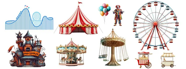 Lunapark tasarım elementleri. Dijital çizim. Atlıkarınca, perili ev, balonlar, palyaçolar, salıncaklar, lunapark treni, patlamış mısır, dondurma, sirk çadırı, dönme dolap, beyaz arka plan