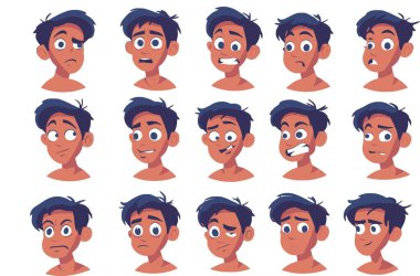 Üzgün, mutlu ve kızgın yüz ifadesi olan erkek karakter suratı. Farklı duyguları olan erkek avatarı, gülümse, üzgün, sürpriz, öfke, kahkaha ve göz kırpma, vektör karikatür kümesi