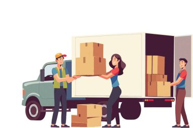 Teslimat hizmeti konsepti. Kamyon ve kurye. Vektör illüstrasyonu.