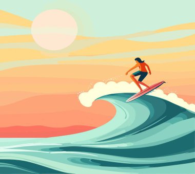 Sörf yapan insanların karikatür vektör çizimi. Dalgalar halinde sörf yapan sörfçüler, sahilde sörfçüler..