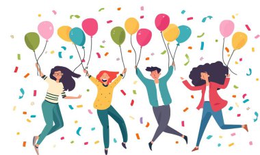 Mutlu insanlar tatil partisinde kalabalıktır. Arkadaşlar dans ediyor, birlikte eğleniyorlar. Genç erkek ve kadın karakterler grubu, gençlik sevinçle kutluyor. Gece hayatı konsepti. Renkli düz vektör çizimi