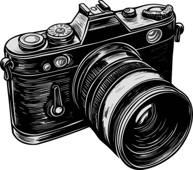 Fotoğraf makinesi. Retro ve vintage biçimi, vektörde el çizimi