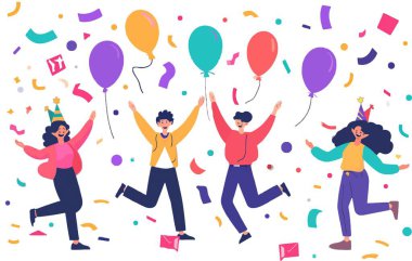Mutlu insanlar tatil partisinde kalabalıktır. Arkadaşlar dans ediyor, birlikte eğleniyorlar. Genç erkek ve kadın karakterler grubu, gençlik sevinçle kutluyor. Gece hayatı konsepti. Renkli düz vektör çizimi