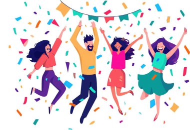 Mutlu insanlar tatil partisinde kalabalıktır. Arkadaşlar dans ediyor, birlikte eğleniyorlar. Genç erkek ve kadın karakterler grubu, gençlik sevinçle kutluyor. Gece hayatı konsepti. Renkli düz vektör çizimi