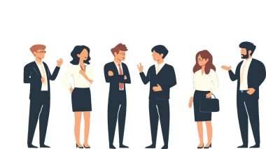 Ofis işleri. Meslektaşlar, şirket çalışanları şirket toplantıları, iş yerleri, öğle yemeği molası. Çalışan takımlar, günlük yaşam. Beyaz arkaplanda izole edilmiş düz grafik vektör çizimleri