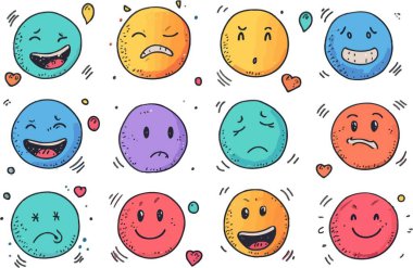 Bir dizi gülen yüz ikonu. Çizgi film emoji seti. Vektör duygu simgesi ayarlandı