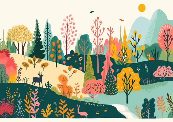 Doğa Dağ Ormanı Manzarası 'nın İkon, Logo, Poster, Banner, Flaye için Düz Vektör Rengi' ndeki Abstarct Illustration of Nature Mountain Forest Landscape