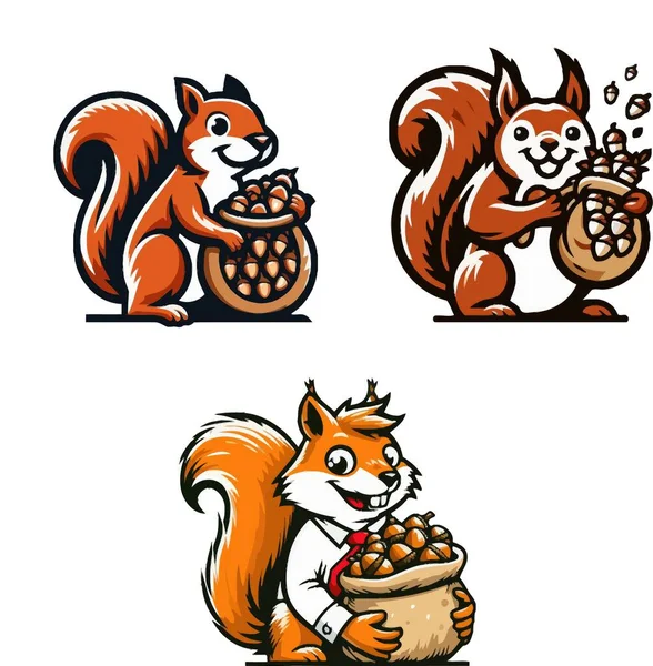 Sevimli sincap sincabı komik elinde meşe palamudu çizgi filmi çocuksu maskot tapılası vektör logosu tasarımı