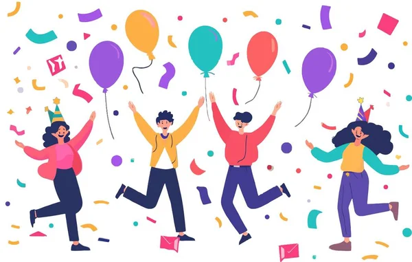 Mutlu insanlar tatil partisinde kalabalıktır. Arkadaşlar dans ediyor, birlikte eğleniyorlar. Genç erkek ve kadın karakterler grubu, gençlik sevinçle kutluyor. Gece hayatı konsepti. Renkli düz vektör çizimi