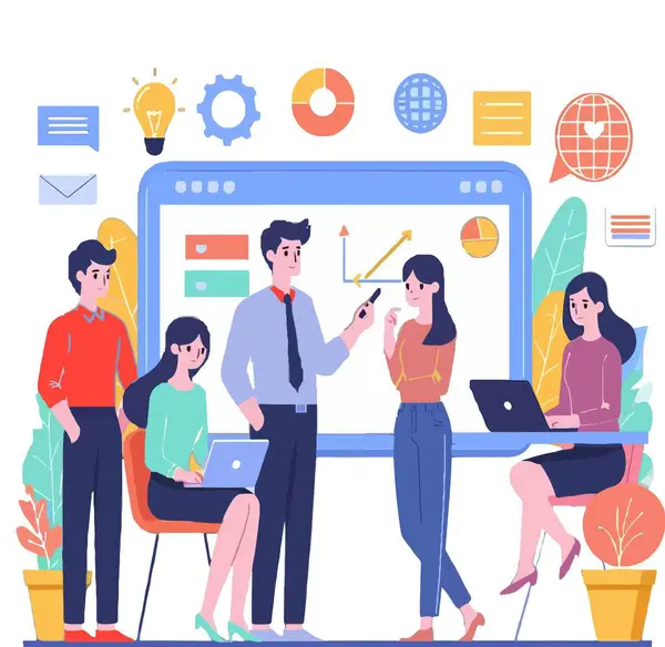 İş toplantısı. Çeşitli insanlardan oluşan düz bir grup halinde vektör karikatür çizimi beyaz tahtaya yakın bir masada grafikler ve grafiklerle bir tartışmaya öncülük ediyor..