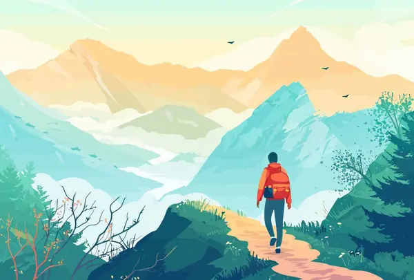 Sırt çantalı bir adam, gezgin ya da gezgin dağın ya da uçurumun tepesinde duruyor. Dağlar manzaralı. Seyahat, yürüyüş, keşif veya turizm konsepti. Vektör illüstrasyonu.