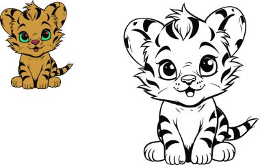 Kaplan boyama kitabı, sevimli çizgi film karakteri, çocuklar için yaratıcılık, baskı.