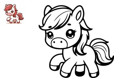 Çizgi filmdeki şirin at midillisi. Boyama kitabı için siyah ve beyaz vektör çizimi