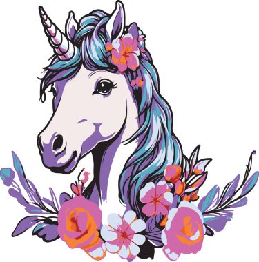 Güzel gökkuşağı yeleli ve çiçekli şirin tek boynuzlu at portresi. Vektör illüstrasyonu.