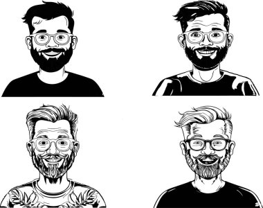 Bir grup vektör sakallı adam farklı saç kesimli, bıyıklı, sakallı hippilerle karşılaşıyor. Siluetler, avatarlar, kafalar, amblemler, simgeler, etiketler.