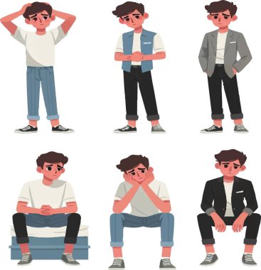 Üzgün çocuk seti, vektör çizimi, izole edilmiş şeffaf arkaplan