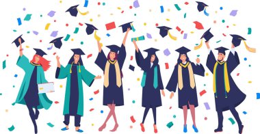 The title captures the triumphant moment of graduation, with exuberant graduates tossing their caps into the air, celebrating their academic success. clipart