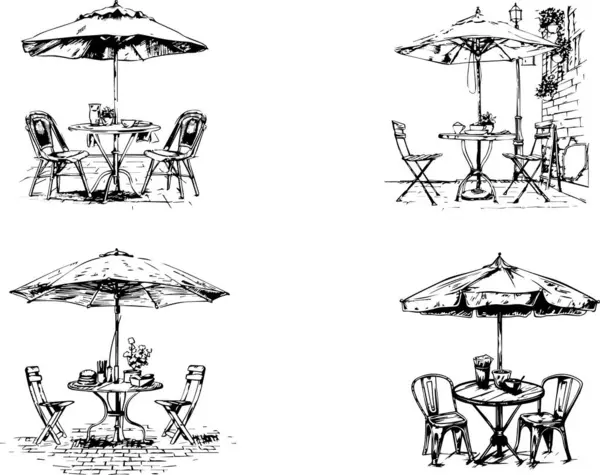 Çeşitli konforlu ve davetkar kafe teraslarını güzel tasvir eden sanatsal eskizler, boş bir öğleden sonra için mükemmel.