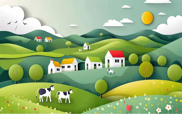 Bu başlık, ineklerin otladığı ve tuhaf çiftlik evlerinin tamamlandığı kırsal bir yerin kaprisli ve sanatsal temsilini yansıtıyor..