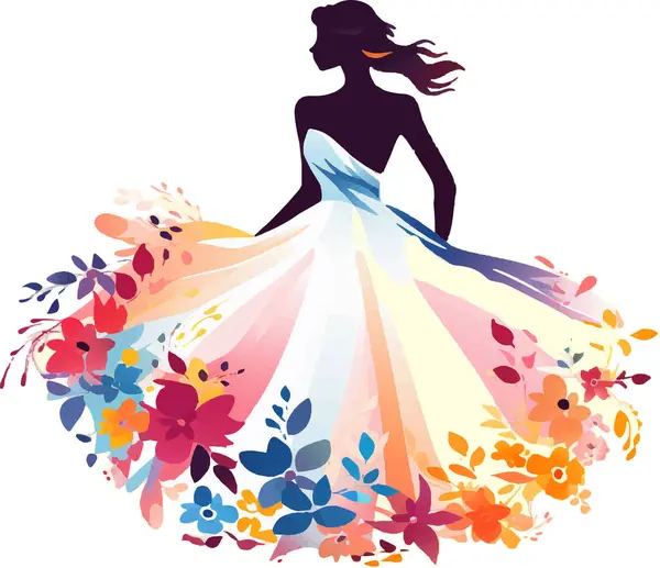 stock vector An artistic portrayal of a woman's silhouette, her dress flowing into a vibrant mosaic of floral patterns, symbolizing femininity and natural beauty.