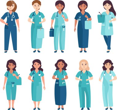 Bu resim çeşitli kadın sağlık çalışanlarını gösteriyor, her biri profesyonel giysiler içinde, tıp endüstrisinin şefkatli yüzünü temsil ediyor..