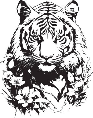 Doğanın Ortasındaki Görkemli Kaplan, Bir Vahşi Yırtıcı ve Çiçek Zarafetinin Çarpıcı Siyah ve Beyaz Fotoğrafı