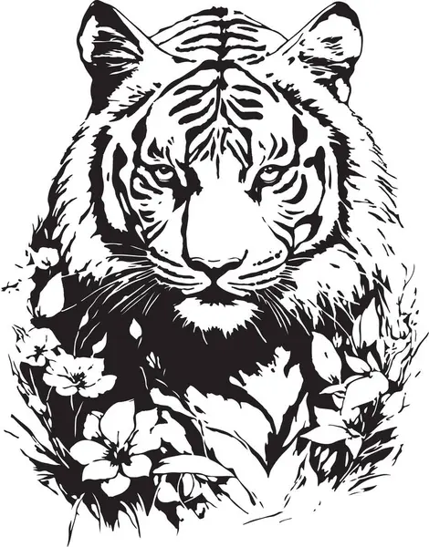 Doğanın Ortasındaki Görkemli Kaplan, Bir Vahşi Yırtıcı ve Çiçek Zarafetinin Çarpıcı Siyah ve Beyaz Fotoğrafı