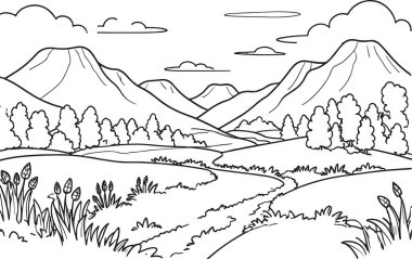 Bu resim, heybetli tepeler, kıvrılan bir nehir ve bol yeşillik içeren sakin bir dağ manzarası yakalar. Çizginin basitliği izleyicileri bu barışçıl ortamda kendilerini hayal etmeye davet ediyor, duvar sanatı için ideal hale getiriyor.