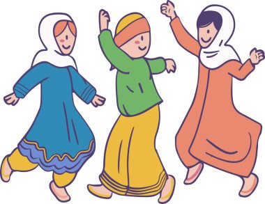 Geleneksel kıyafetlerle dans eden çocukların neşeli bir çizimi. Mutlu ifadeler ve hareketler kültürel kutlamaların neşesini ve ruhunu yansıtıyor..