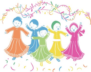 Geleneksel kıyafetlerle dans eden çocukların neşeli bir çizimi. Mutlu ifadeler ve hareketler kültürel kutlamaların neşesini ve ruhunu yansıtıyor..