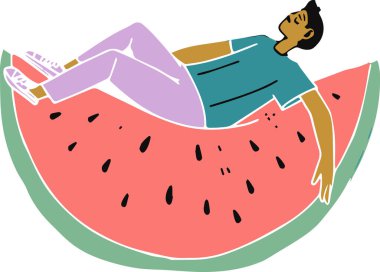 An illustration of a relaxed man lounging on a slice of watermelon, presenting a fun and whimsical scene. The vibrant colors and playful design make this image lighthearted and entertaining. clipart