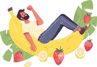 Dev bir muzun üzerinde rahatça uzanan, eğlence ve rahatlıkla dolu kaprisli ve kaygısız bir sahneyi yakalayan bir adamın çizimi..