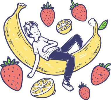 Dev bir muzun üzerinde rahatça uzanan, eğlence ve rahatlıkla dolu kaprisli ve kaygısız bir sahneyi yakalayan bir adamın çizimi..