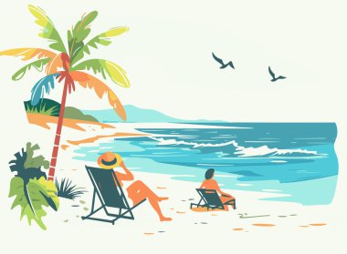 Sahilin kenarındaki bir palmiye ağacının altında uzanan ve üzerinde uçan martılarla sakin okyanus manzarasının tadını çıkaran insanları gösteren güzel bir çizim..