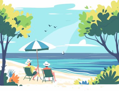 Sahilin kenarındaki bir palmiye ağacının altında uzanan ve üzerinde uçan martılarla sakin okyanus manzarasının tadını çıkaran insanları gösteren güzel bir çizim..