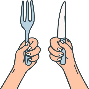 Ellerin çatal ve bıçak tuttuğunu gösteren bir çizim, yemeğe dalmaya hazır, açlığı simgeliyor ve lezzetli yiyeceklerden zevk almayı umuyor..