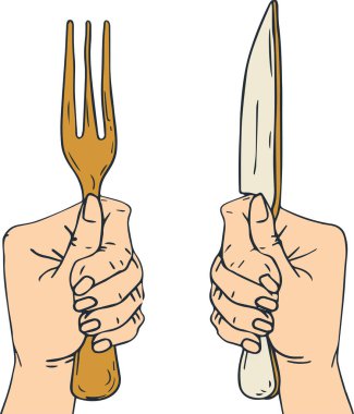 Ellerin çatal ve bıçak tuttuğunu gösteren bir çizim, yemeğe dalmaya hazır, açlığı simgeliyor ve lezzetli yiyeceklerden zevk almayı umuyor..