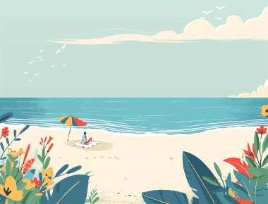 Sahilin kenarındaki bir palmiye ağacının altında uzanan ve üzerinde uçan martılarla sakin okyanus manzarasının tadını çıkaran insanları gösteren güzel bir çizim..