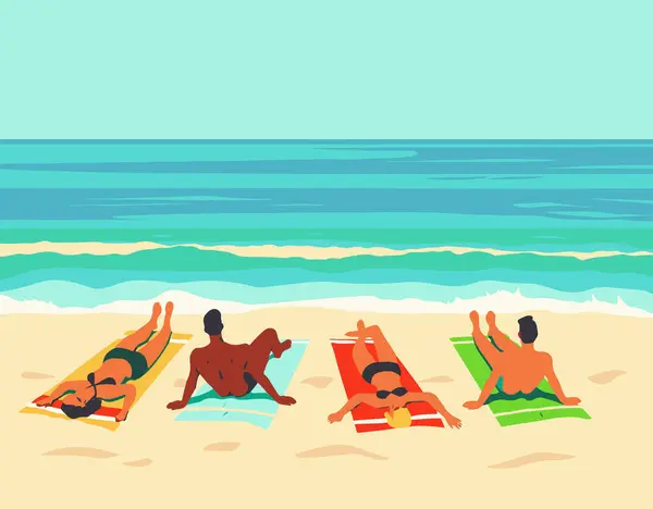 다채로운 수건에 누워있는 해변에서 휴식을 취하고 바다를 바라보는 남자를 보여주는 — 스톡 벡터