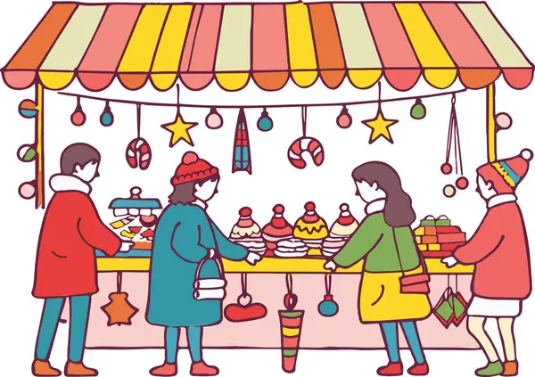 다채로운 가판대와 행복한 쇼핑객으로 가득한 바자르의 활기찬 분위기는 색상과 디스플레이에 — 스톡 벡터