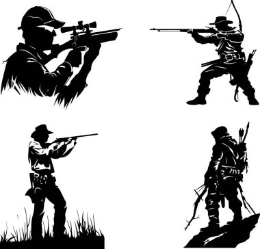 This collection of silhouettes depicts hunters in various action poses, showcasing their skills and readiness. Ideal for outdoor and hunting-themed designs, promotional materials, or projects celebrating the hunting tradition.