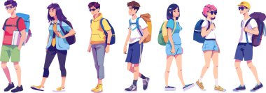 This modern illustration depicts youthful hikers with backpacks, ready for an adventure. The diverse group is shown in a variety of stylish outfits, capturing the essence of exploration and outdoor activities.