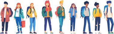 A lineup of stylish college students dressed in trendy outfits. This illustration showcases the diversity and fashion sense of modern students.