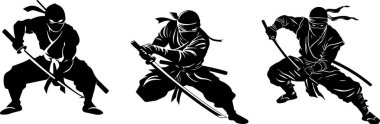 Ninja warriors in various combat poses, wielding swords. This illustration captures the dynamic and stealthy nature of ninjas. clipart